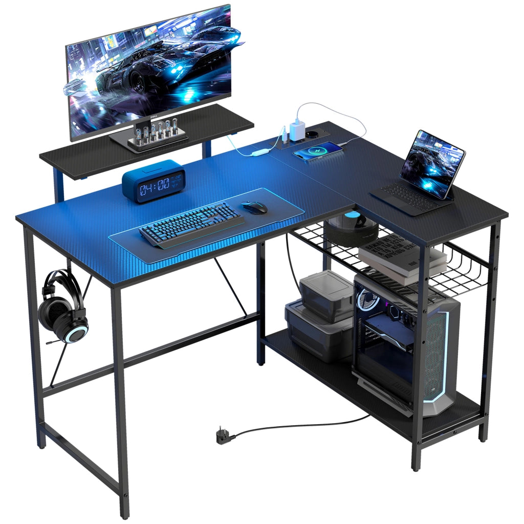 Scrivania Gaming Angolare con LED, Prese Elettriche e Scaffali ¨C Zephmum ¨C Nero