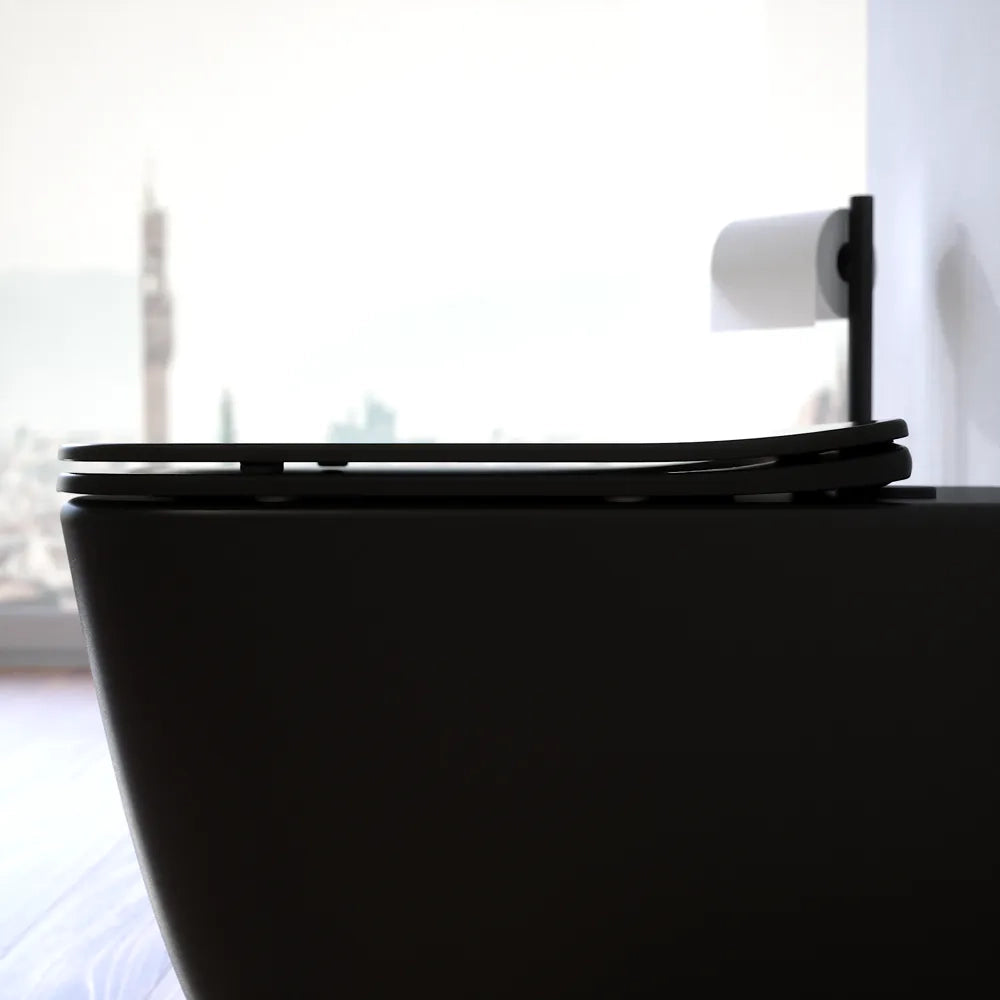 Vaso filomuro tornado silent flush in ceramica nero opaco con copri-wc soft-close | Riga