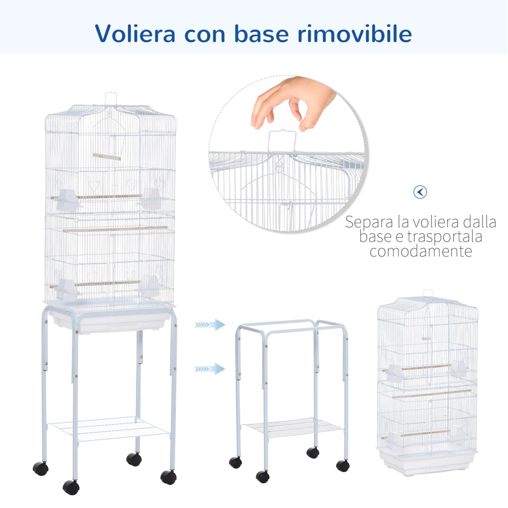 Gabbia per Uccelli, Voliera in Metallo e Acciaio con Ruote, Trespoli e Ciotole, 46.5x36x157cm, Bianco