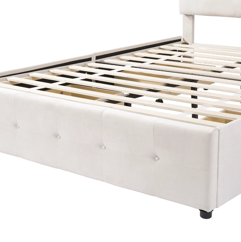 Letto imbottito 140x200 cm beige con testiera, rete a doghe e 4 cassetti