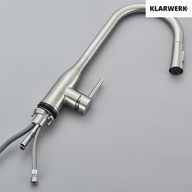 JANA | Rubinetto da cucina estensibile Premium in acciaio inox argento spazzolato | Rubinetto miscelatore ad alta pressione girevole a 360° 2 attacchi