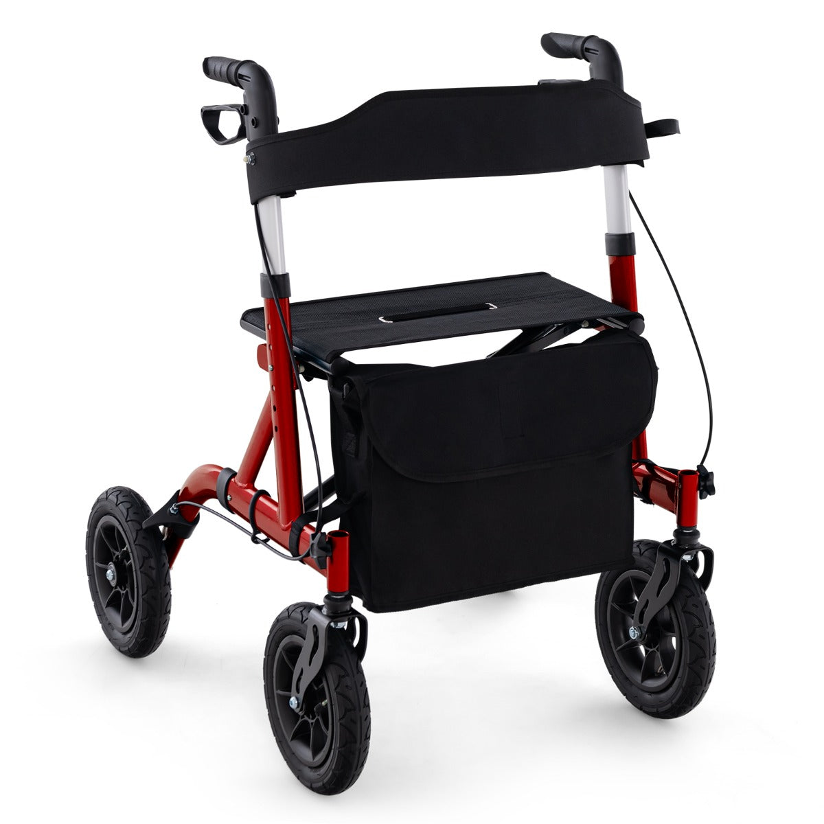 Rollator walker regolabile in altezza con seduta ruota pneumatica da 24 cm borsa portaoggetti, Rollator pieghevole Rosso-Salute e bellezza