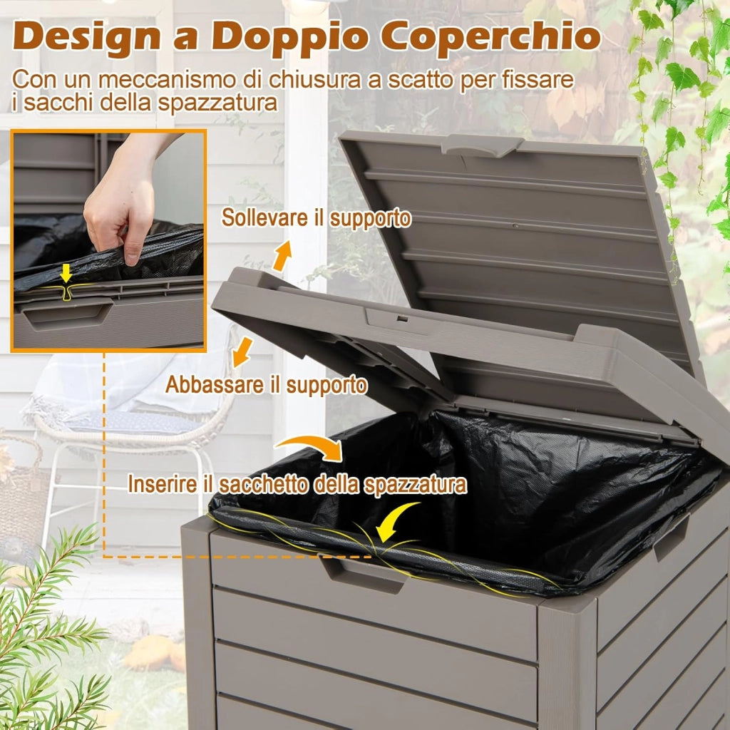 Pattumiera Differenziata da Esterno, Bidone Spazzatura Impermeabile con 1/2 Scomparti, Coperchio a Doppia Chiusura e Vassoio Estraibile e Maniglia (1, Marrone, 118 L)