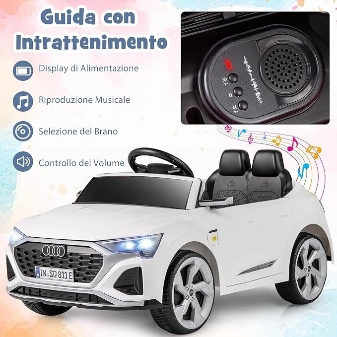 12V Audi Auto Elettrica per Bambini, Veicolo Elettrico con Telecomando Clacson Luci LED Musica, 3 Velocità 3-5 Km/h, Avvio Morbido, Auto per Bambini 3 Anni+ (Bianco)