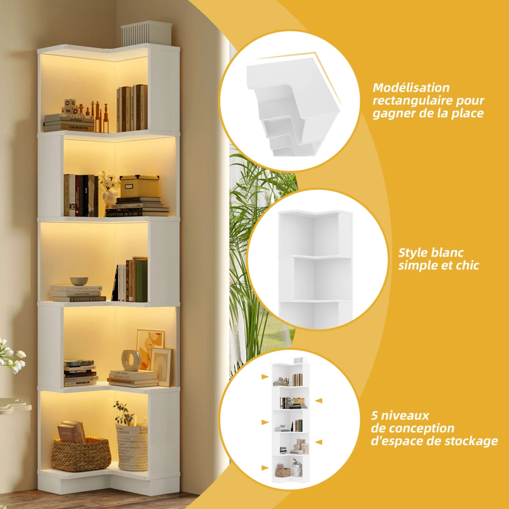 Libreria angolare con LED regolabili via app e 5 ripiani, per studio e ufficio, in MDF, bianco, 63,5 × 45 × 175 cm