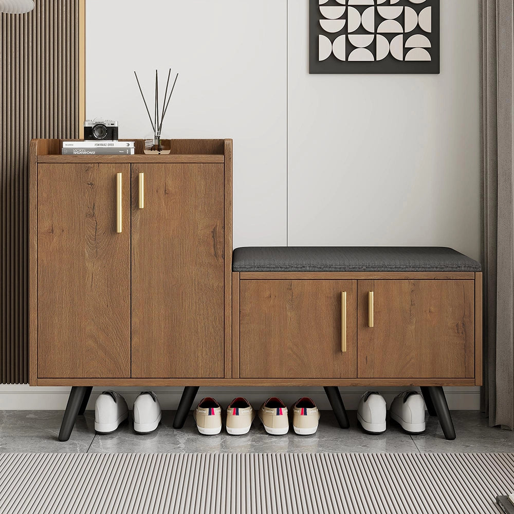Armadietto scarpe moderno - Xylo - L120/P34/H82 - Venature legno, 4 ante, maniglie metalliche asimmetriche