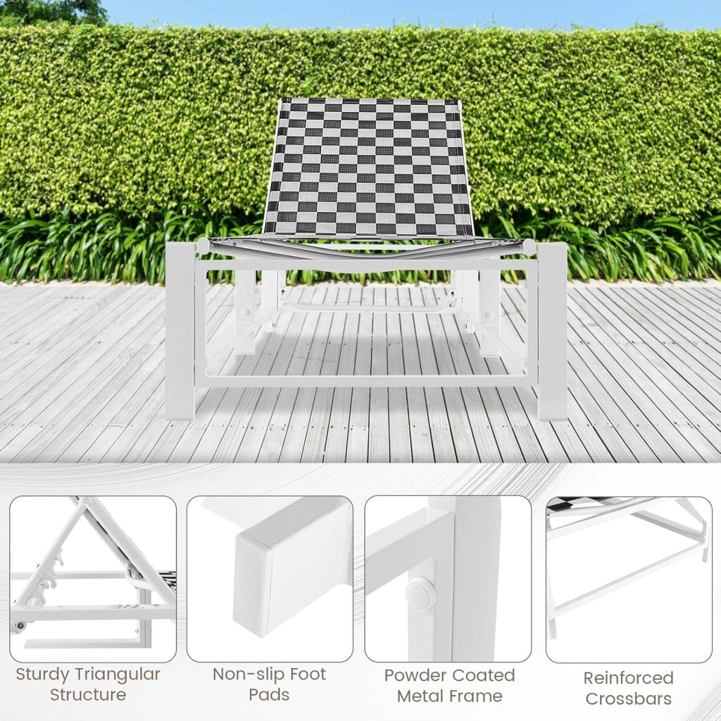 Lettino da giardino con schienale regolabile in 5 posizioni, sedia reclinabile pieghevole con 2 ruote, in tessuto traspirante con telaio in metallo, carico 180 kg, 200 x 68 x 104 cm