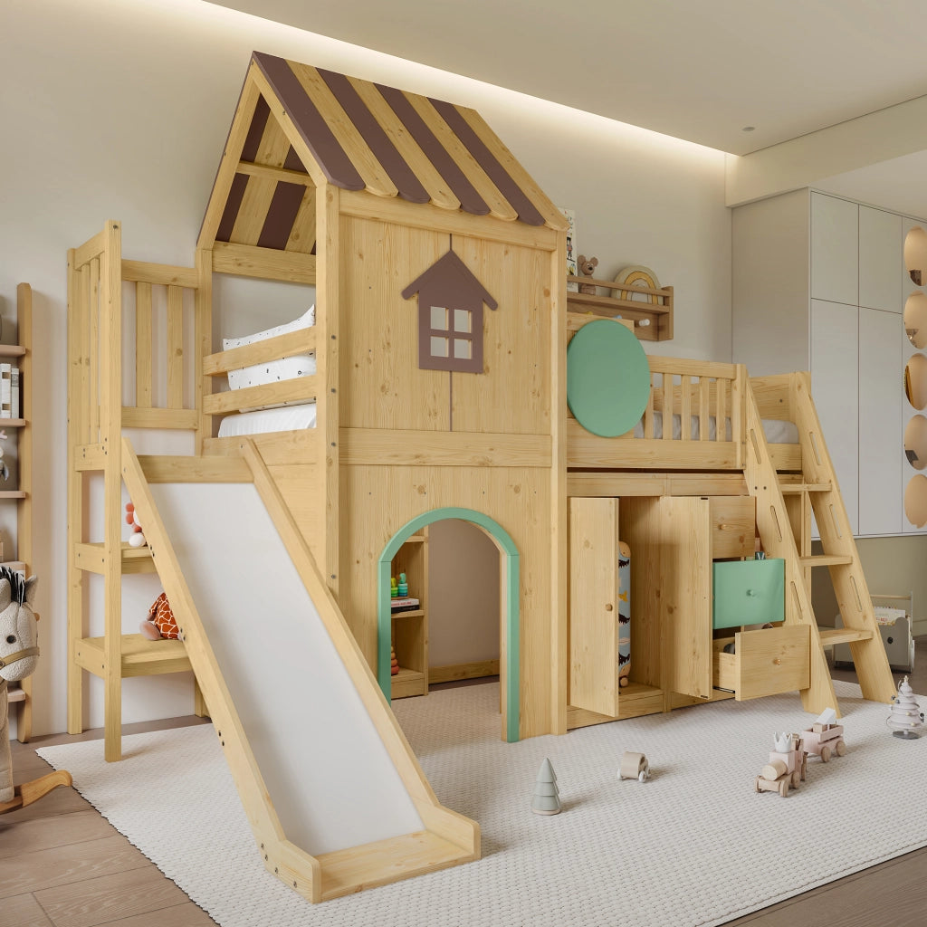 DESMIU Lit mezzanine enfant 90 × 200 cm avec toboggan, escalier 3 marches, rangements, sans matelas