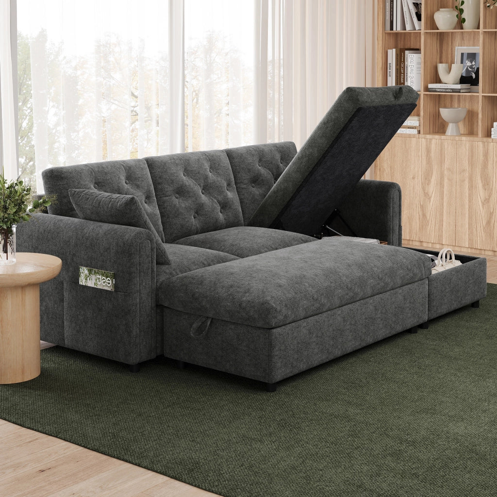 Divano in velluto grigio con chaise longue e pouf contenitore, seduta con molle insacchettate, 219 x 131 x 86 cm