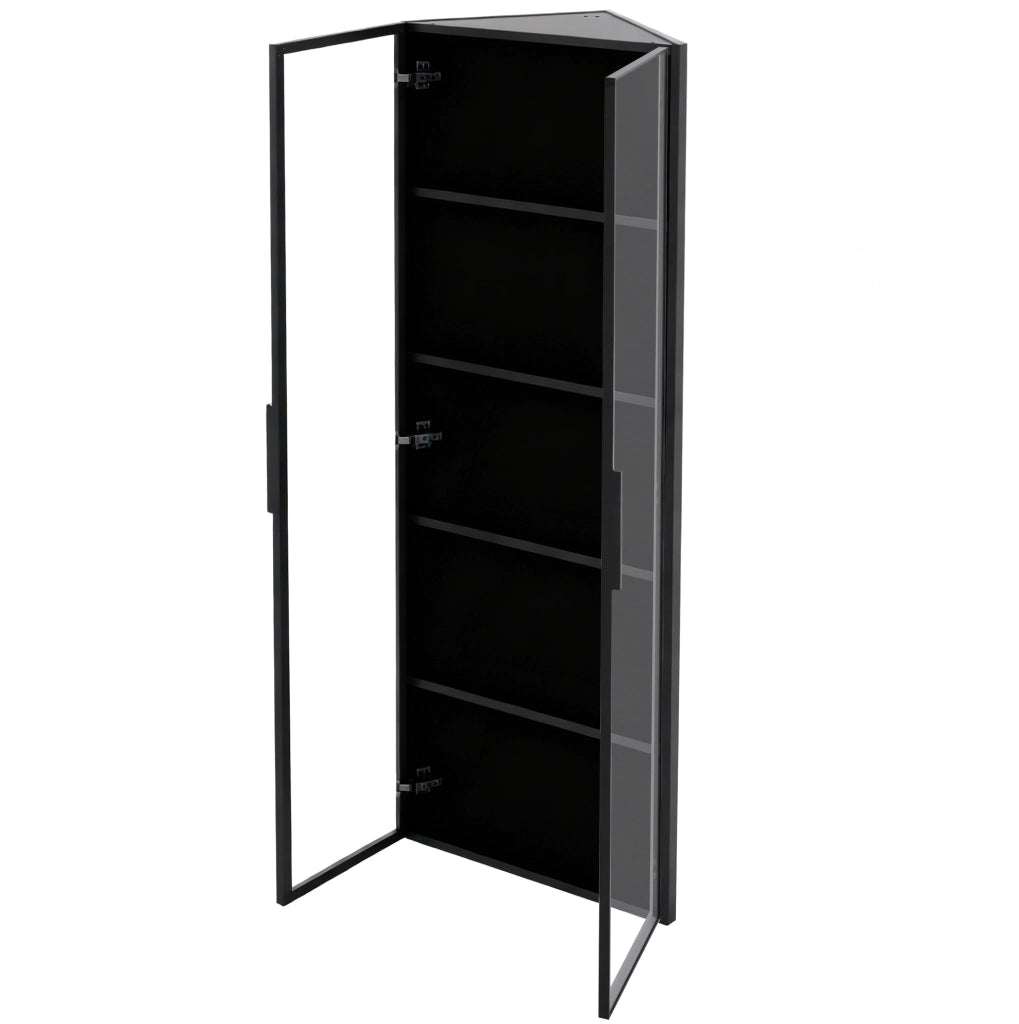 Vetrina angolare 62x35x160 cm nera MDF e vetro, LED integrati