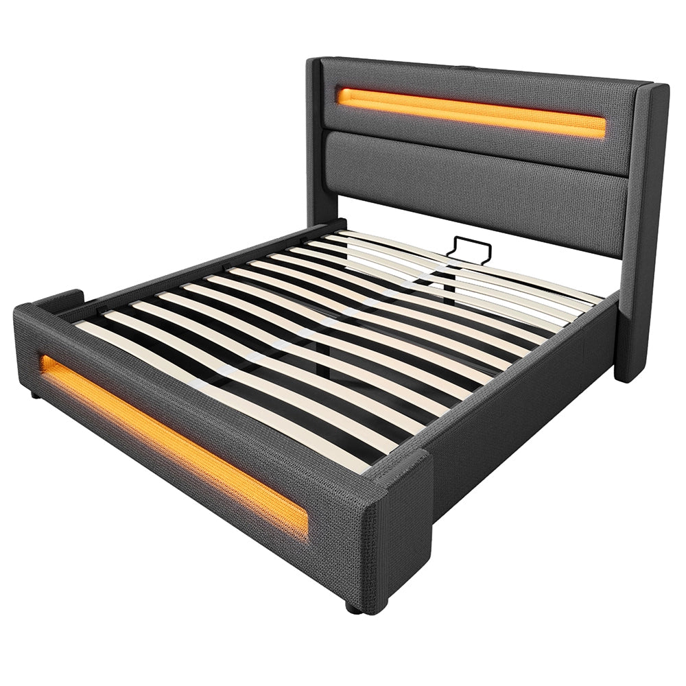 Letto matrimoniale-Xylo-160x200 cm-LED, USB-C, idraulico, con materasso, lino, grigio