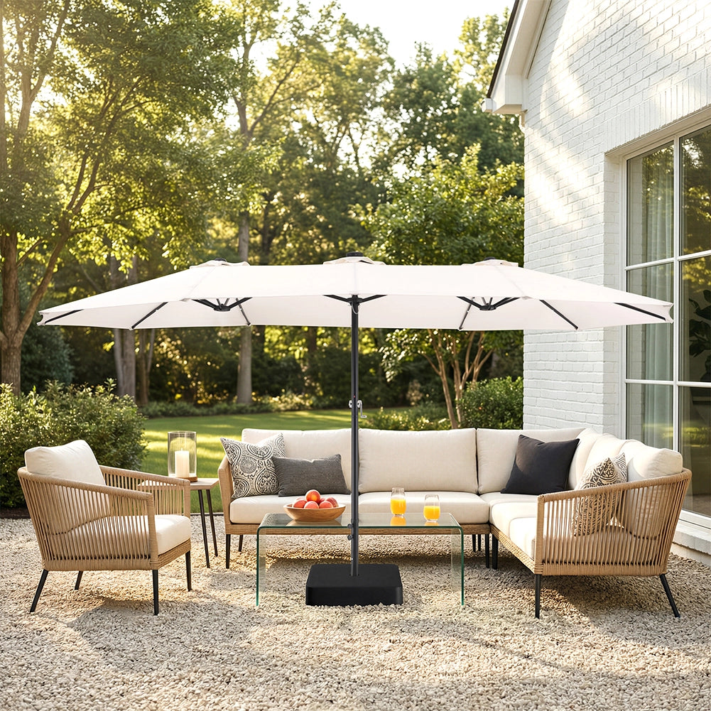 Ombrellone Doppio da Esterno 450x265x237 cm con Base e Luci Rivestimento Anti UV Crema