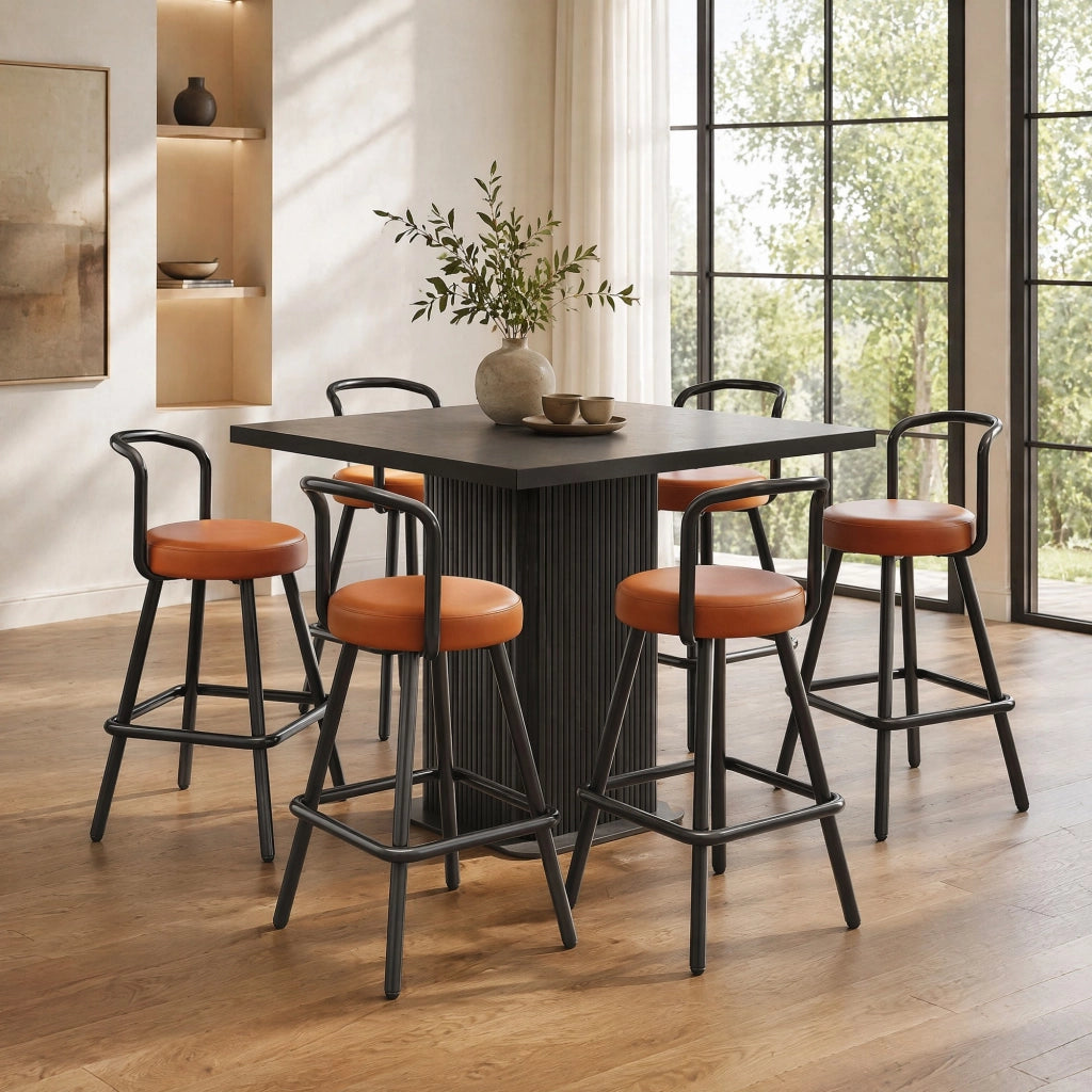 Sgabello da bar con schienale ergonomico e poggiapiedi, in pelle PU e metallo, Marrone