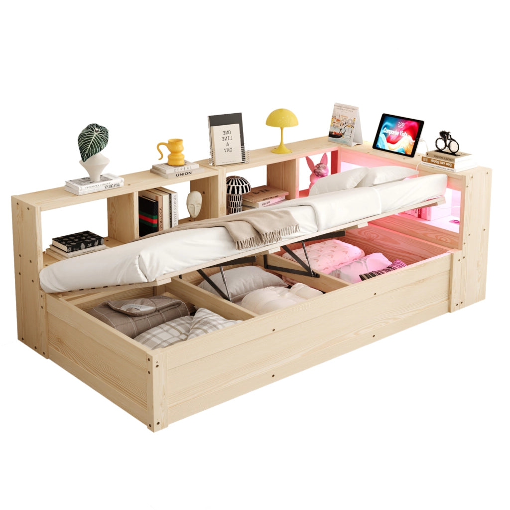 Letto multifunzione 90x200 cm in legno; compensato e MDF con LED; presa e contenitore; naturale