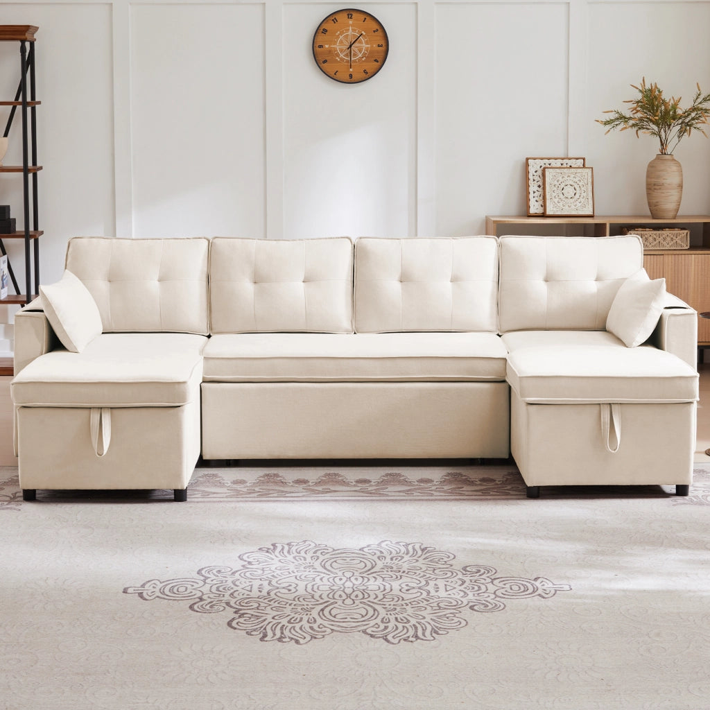 Divano Panoramico Convertibile a U 4 Posti con Contenitore; Portabicchieri e Cuscini; in Cotone Lino Beige