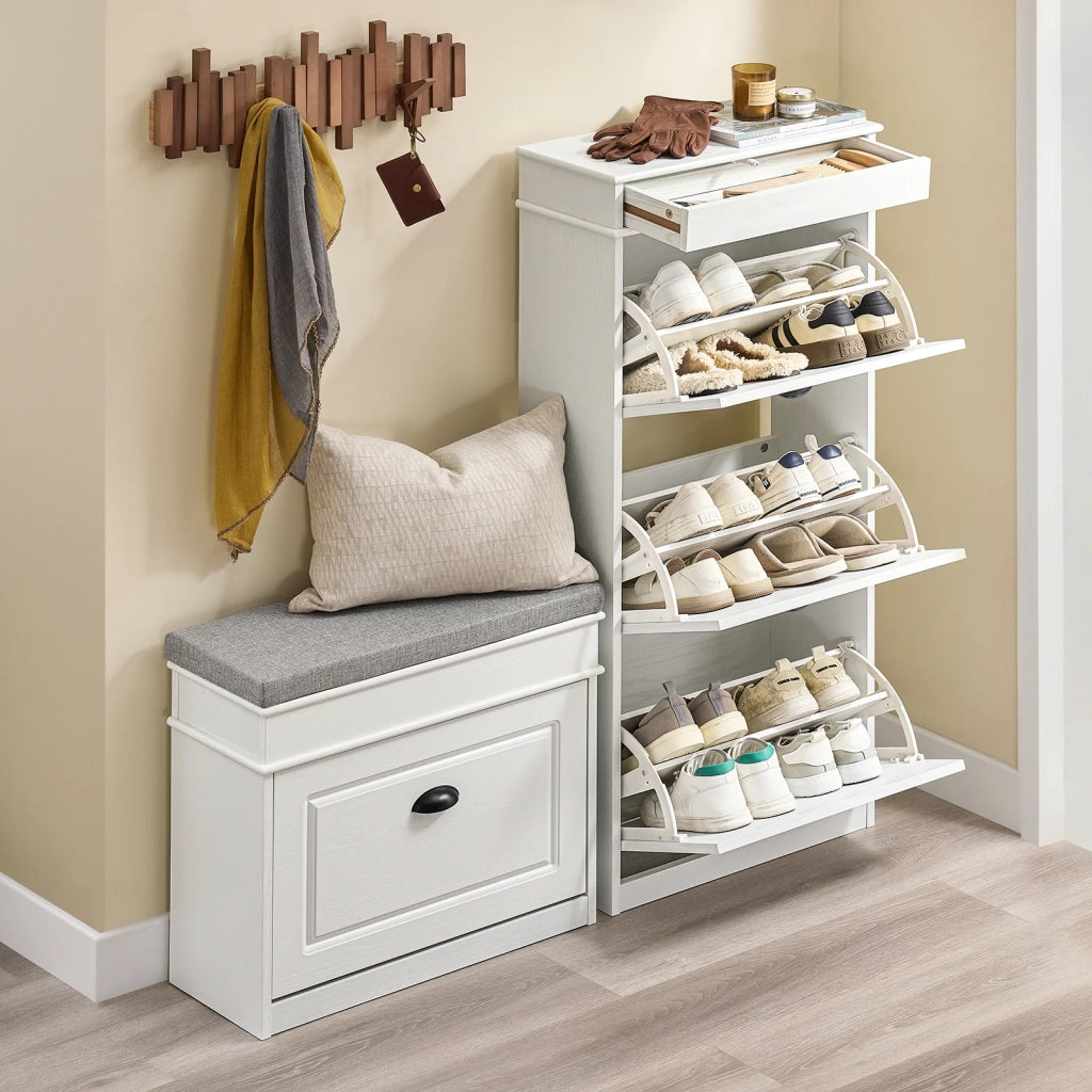 SoBuy FSR94-WG Scarpiera Salvaspazio Slim Mobiletto da Ingresso con 3 Ante a Ribalta Armadio Portascarpe Scarpiera Moderna per Ingresso, Corridoio o Camera 53x24x118cm Effetto Legno Invecchiato Bianco