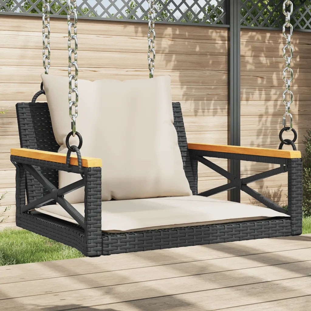 Panca da Giardino | Panchina a Dondolo con Cuscini Nera 63x62x40 cm in Polyrattan