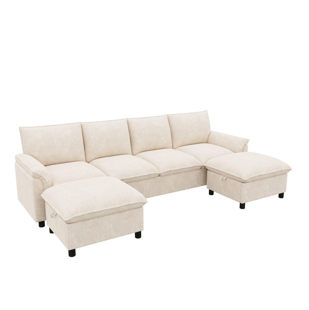 Divano con 2 pouf contenitore in chenille beige 264;5x142;5x84 cm
