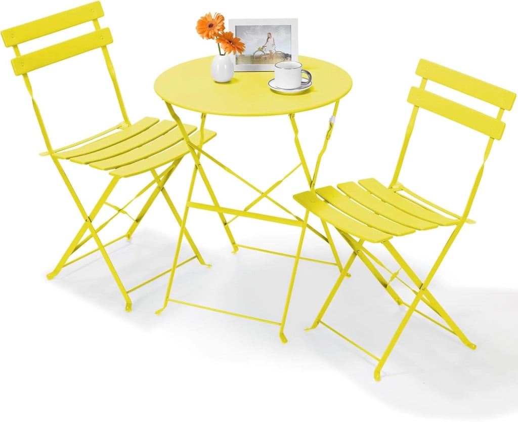 Set da Bistrot Pieghevole 3 Pezzi, Tavolo da Giardino Bistrot in Metallo, 1 Tavolo e 2 Sedie per Piccoli Balconi, Resistente alle Intemperie, per Balcone, Giardino e Terrazzo, Giallo