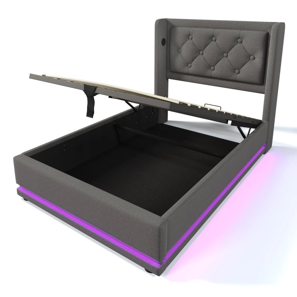 Letto imbottito singolo ULEVR 90x200 cm con contenitore idraulico, LED, USB e Type-C, cotone grigio