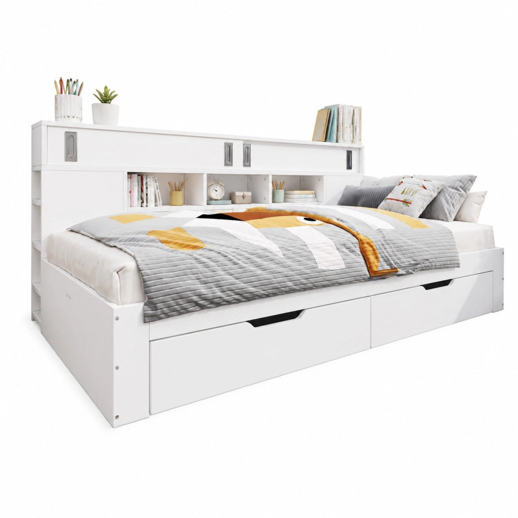 Letto singolo multifunzione 140x200 cm con cassetti, ripiani e armadietti, bianco, senza materasso