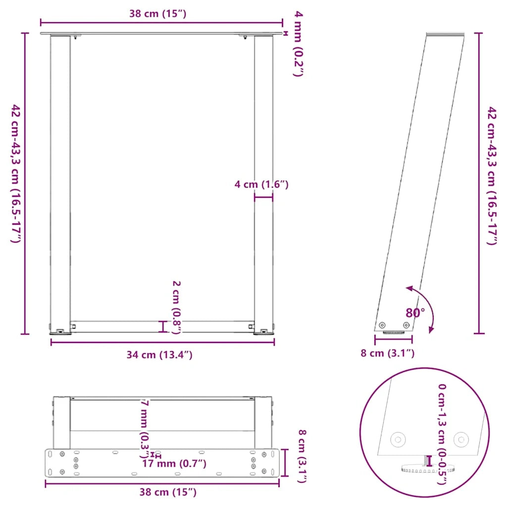 Set di 2 gambe per tavolino da caffè angolate a forma di U 38 x 42-43 cm con livelli regolabili stile moderno acciaio naturale 02_0057047