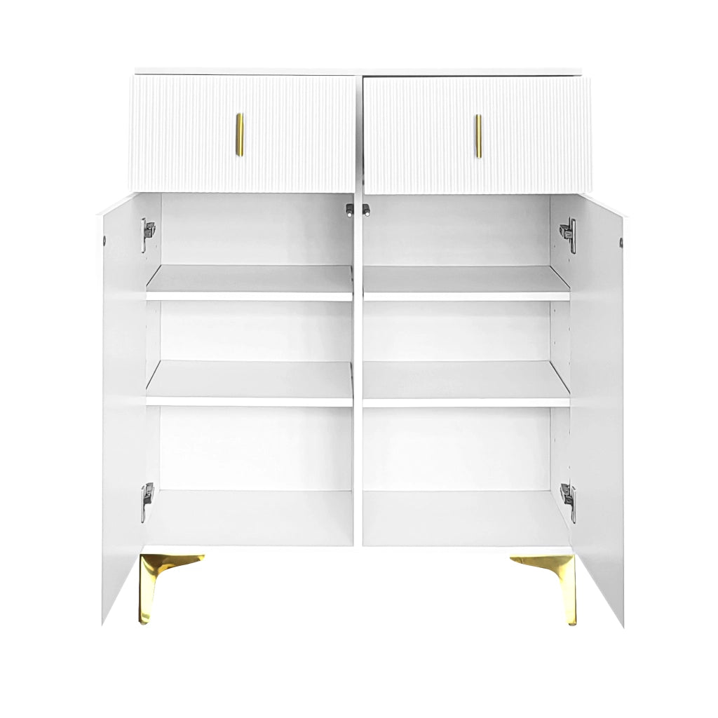 Credenza con 2 Ante e 2 Cassetti; Ripiani Regolabili; Push-to-open; Stile Elegante; in Pannello Di Particelle; Bianco; 83×35×101 cm