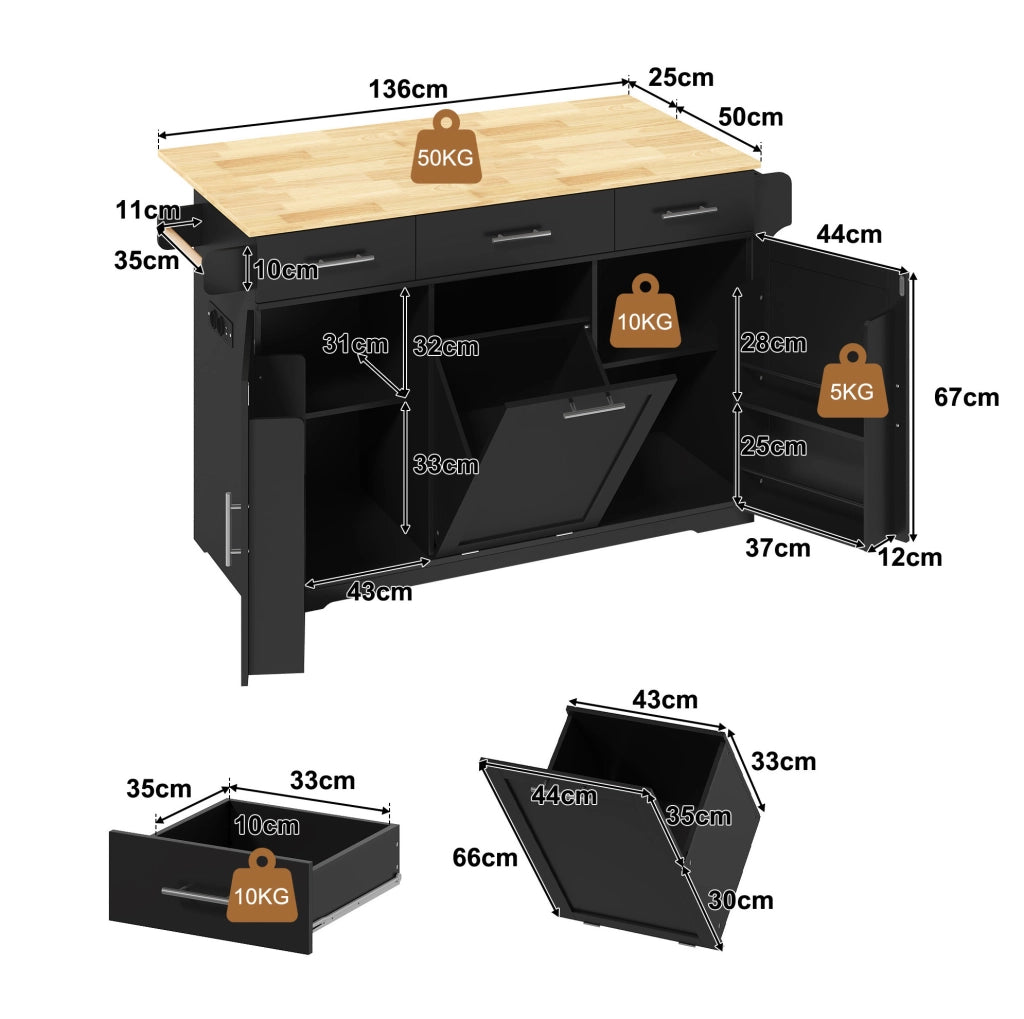 Isola da cucina mobile 136 x 75 x 92 cm in MDF nero e naturale; con prese integrate e 3 cassetti
