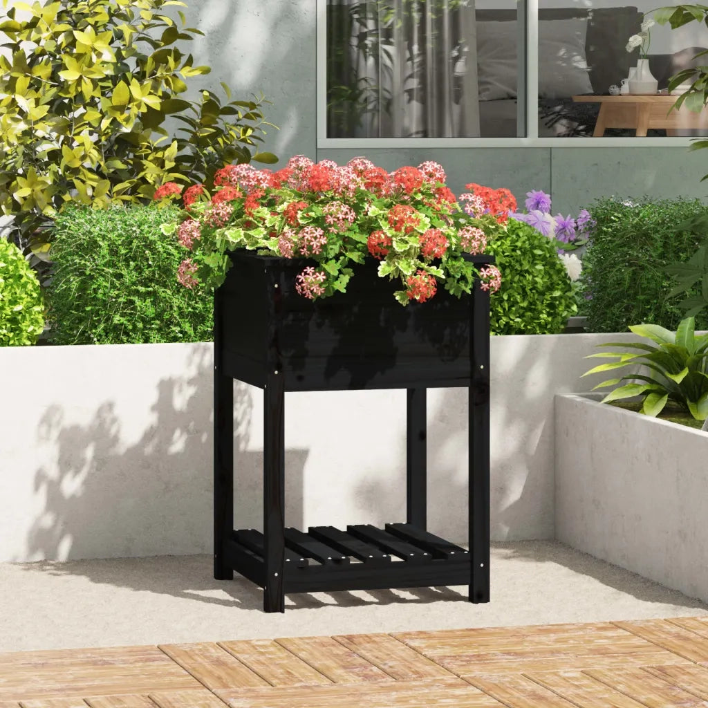 Fioriera con Mensola Nera 54x54x81 cm in Legno Massello di Pino 823777