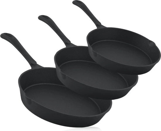 Set di Padelle di Ferro di Cottura a 3 Pezzi - Diametro 16 cm, 20 cm, 24 cm - Padella a Grill per la Cottura al Forno e la Cucina alla Griglia
