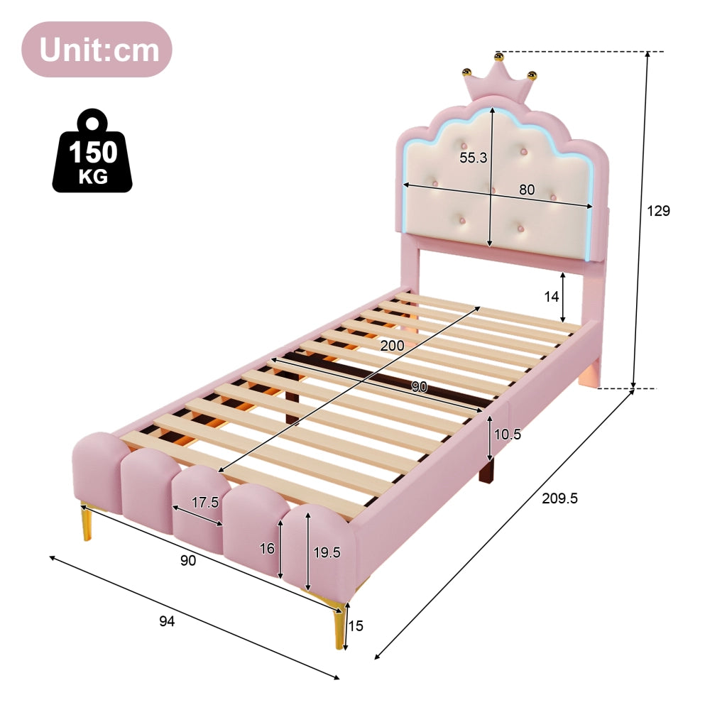 Letto singolo a forma di corona, 90 x 200 cm, con rete a doghe, LED ambientale, rosa, PU