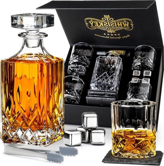 Set di Caraffa e Bicchieri con Sfera di Marmo - 700 ml - Decanter - Regalo per Uomo - Tazze in Vetro - Pedane in Pietra - Sostegni in Pietra - Maniglia in Metallo