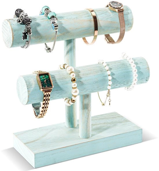 Supporto per orologio a forma T in legno, 2 strati, con supporto per bracciale e display per orologi, stendardo per orologi, standard per orologi, spazio di stoccaggio per orologi, spazzola e gioielli - Blu