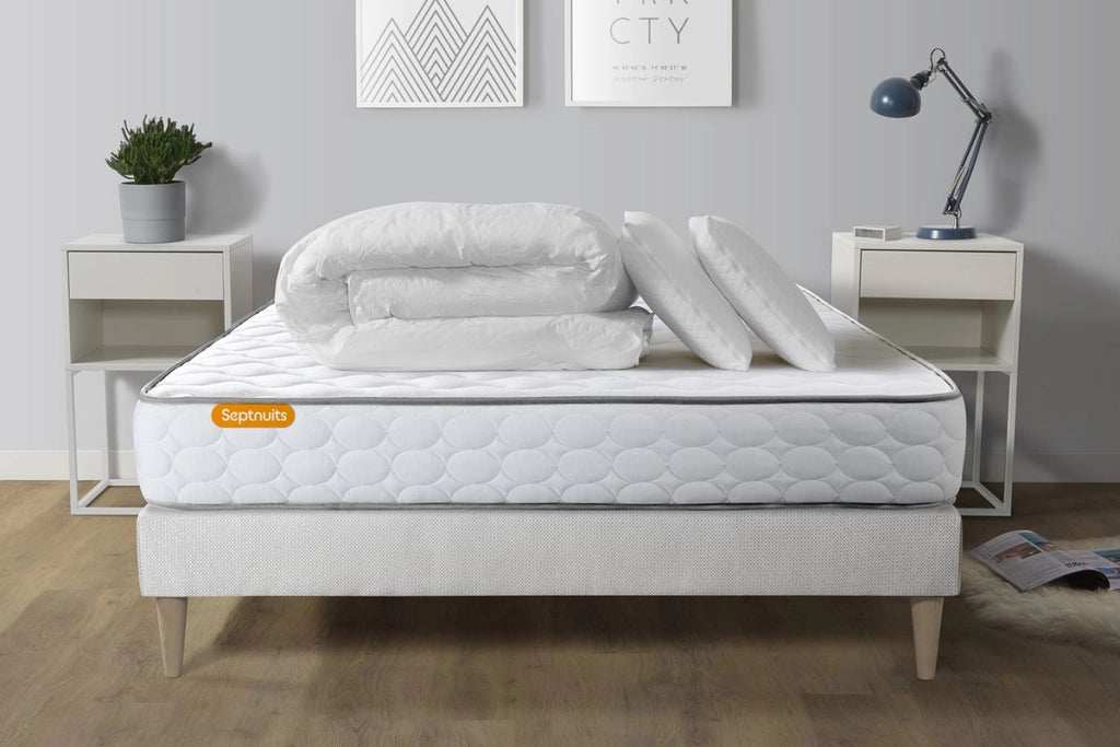 Pacchetto letto completo - Materasso 140x200cm + Box spring con doghe (kit) + 2 cuscini + Piumino - Memo