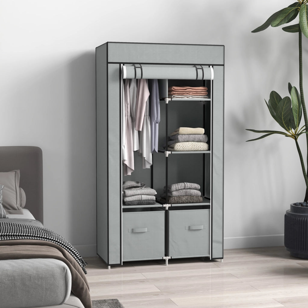 Armadio portatile 83x42.5x162.5 cm con asta appendiabiti; 5 scomparti e cassetti in tessuto; acciaio grigio chiaro