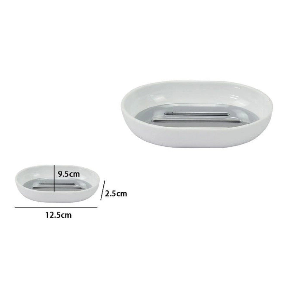 Trade Shop - Piattino Porta Sapone Saponetta Bianco Silver Accessori Bagno 12.5 X 9.5cm 79865 -