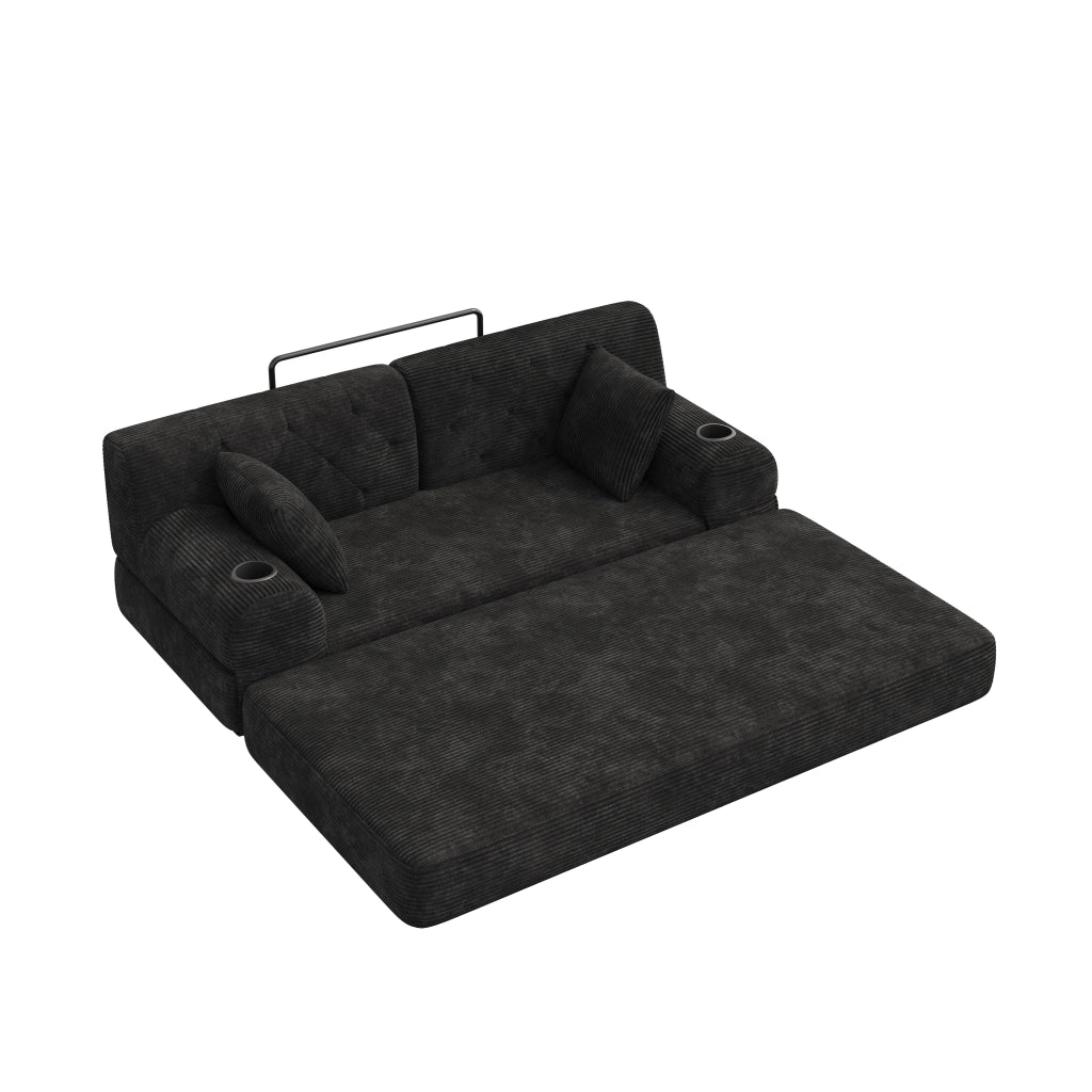 Divano letto convertibile 2 posti con 4 tasche e 2 portabicchieri, in velluto a coste, Nero