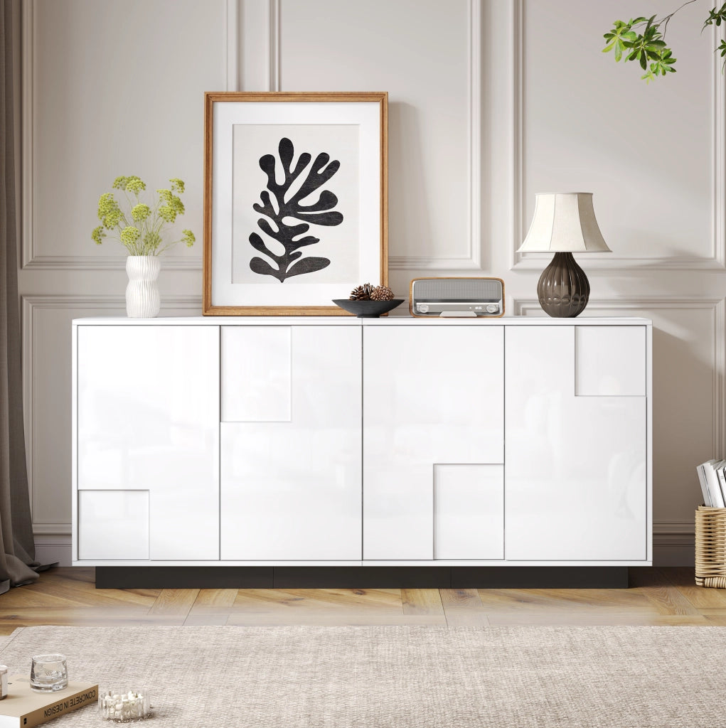 Credenza ULEVR 160x37x75,5 cm con 4 ante push-to-open e 2 ripiani, bianco lucido e nero