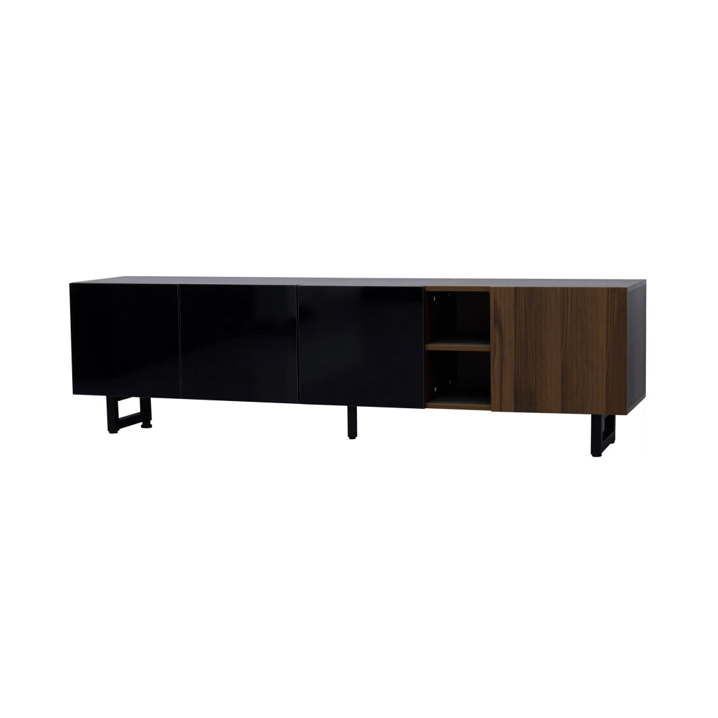 Mobile TV con 4 Ante senza Maniglie e Vani a Giorno; Frontali Nero Lucido; Stile Moderno; in MDF; 180??38??50 cm; Nero/Naturale