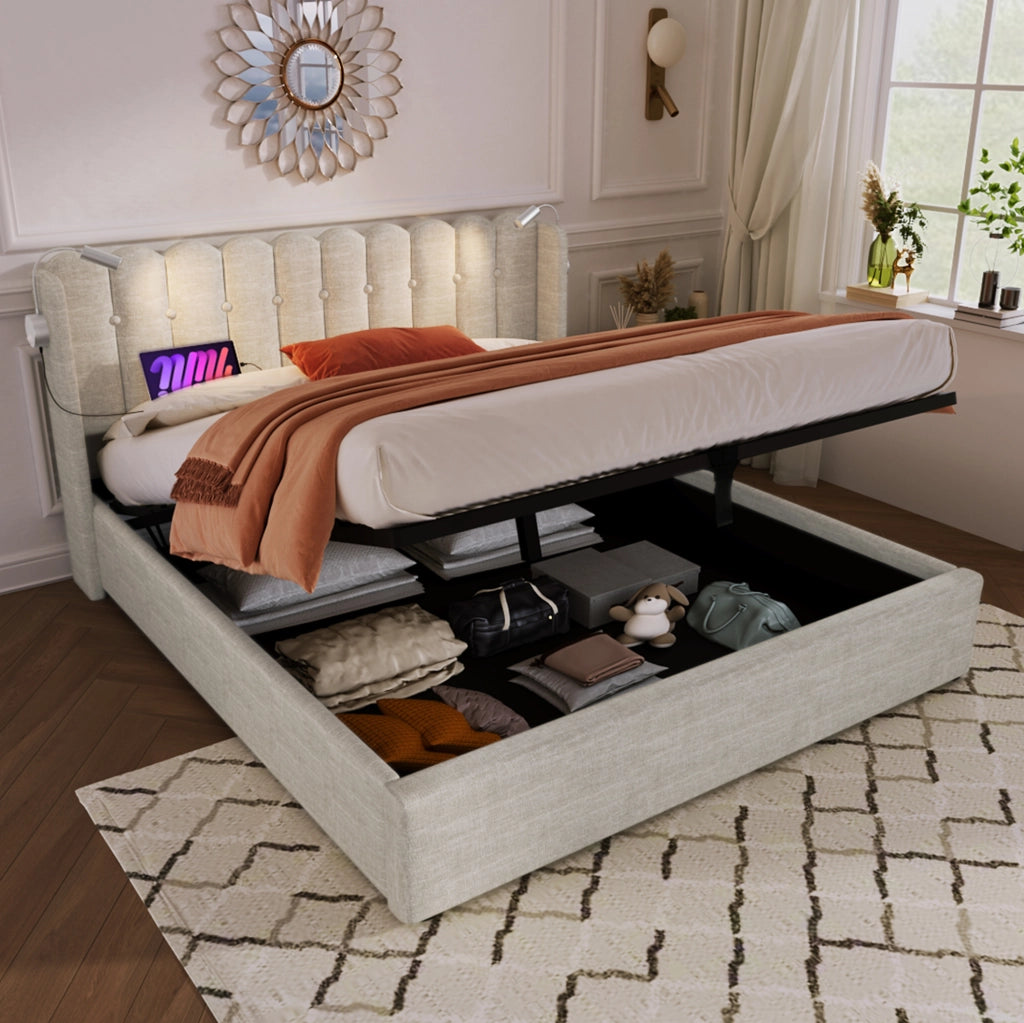 Letto matrimoniale 140x200 cm beige con luci da lettura USB e vano contenitore
