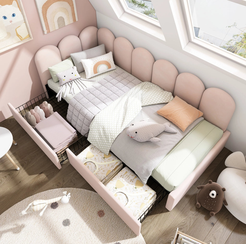 Letto singolo 90x190 cm con 2 cassetti; velluto rosa