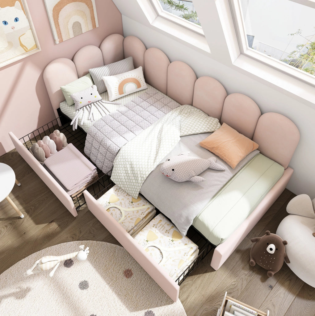 Letto singolo 90x190 cm con 2 cassetti; velluto rosa