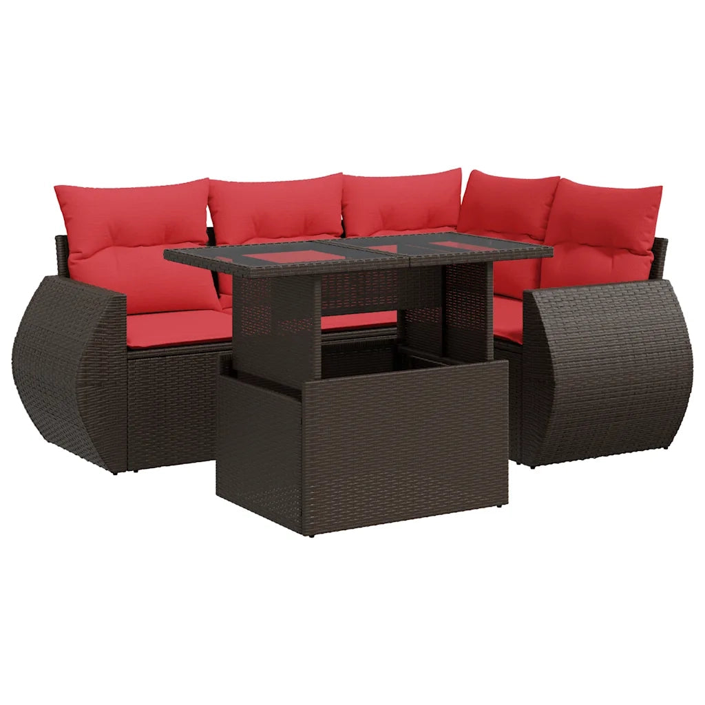 Set Divano da Giardino 5 pz Cuscini Marrone Polyrattan e Acacia 3326635