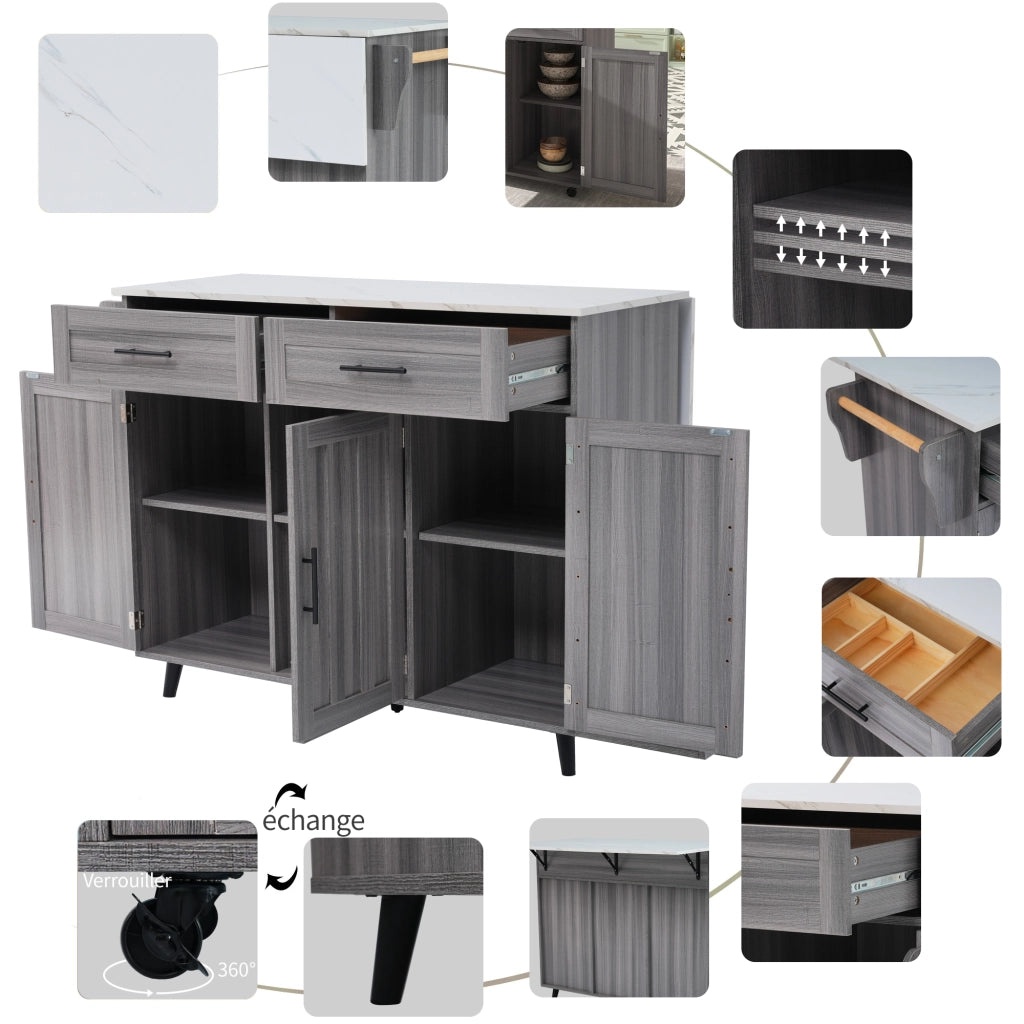 Carrello da Cucina con 2 Cassetti; 3 Vani; Piano Ribaltabile; Portaasciugamani e 5 Ruote; in MDF; 129x46x91;5 cm; Grigio e Bianco