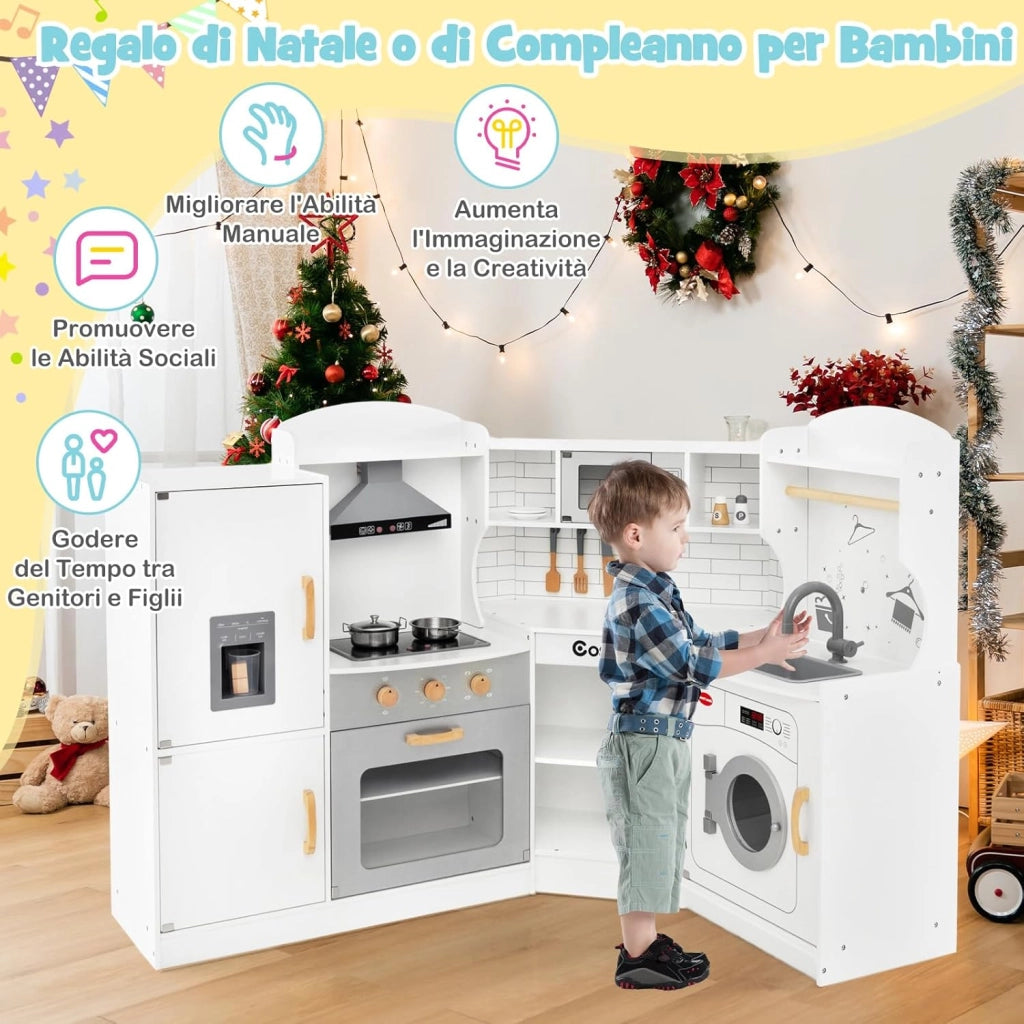 Set Gioco da Cucina per Bambini d'Angolo, Cucina Giocattolo in Legno con Macchina di Ghiaccio, Microonde, Lavatrice e Accessori, con Suoni e Luci, per Bambini 3-10 Anni (Bianco)