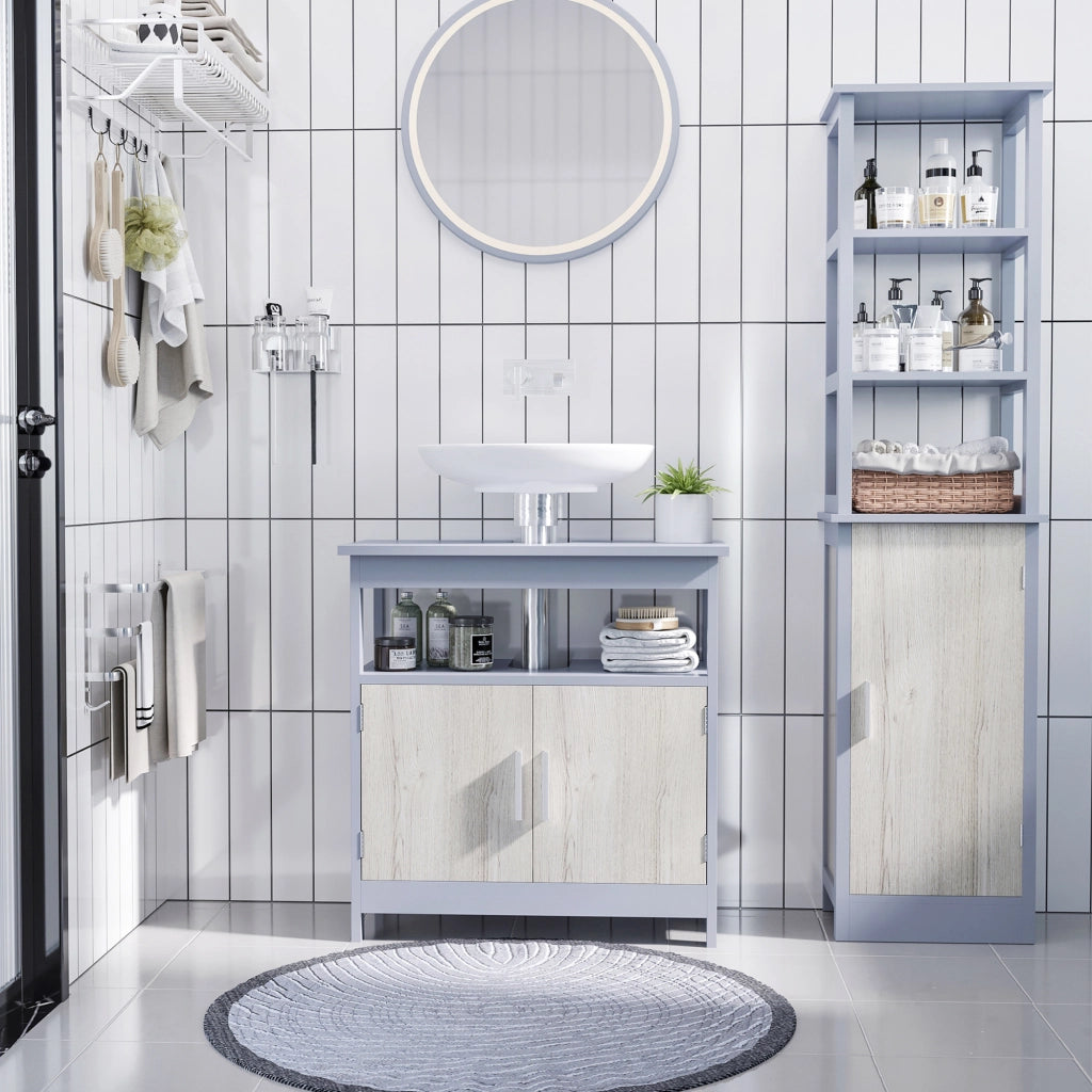Easycomfort Mobile Sottolavabo Bagno con Armadietto e Ripiano Aperto, 60x30x62cm, Grigio e Legno Naturale