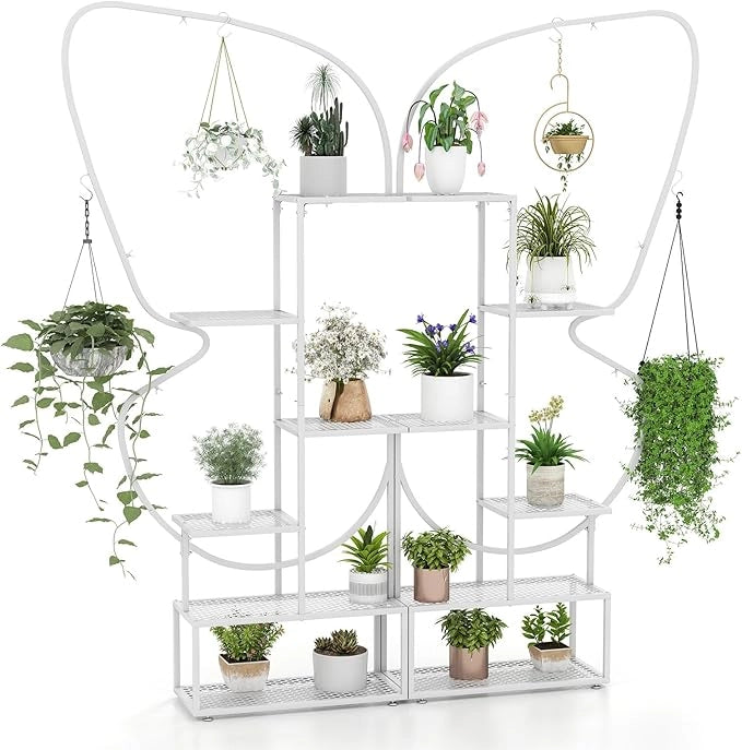 Scaffale Porta Piante a 6 Livelli, Scaffale per Vasi a Forma di Farfalla con 12 Ripiani in Rete Metallica e 4 Ganci, Mensola a Scala per Piante da Interno e Esterno (Bianco)
