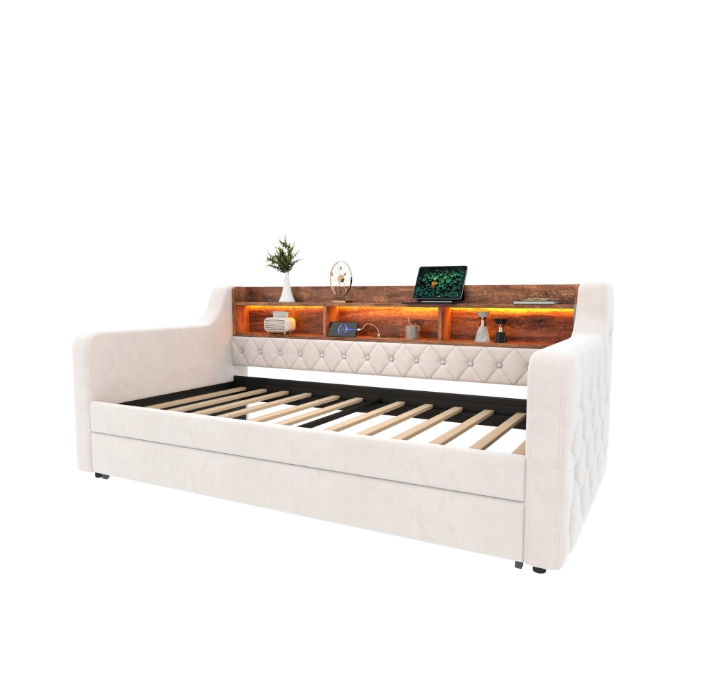 Divano letto estraibile 90x190 cm in velluto beige con LED; USB-C e contenitore