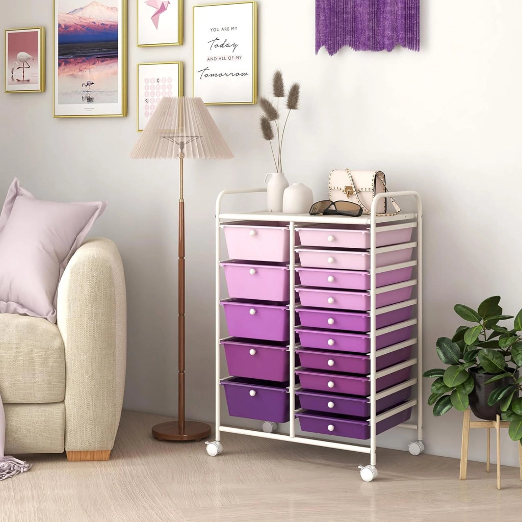 Carrelli Porta Oggetti, con 10+5 Cassetti Impilabili, 2 Ruote Bloccabili, Braccioli Metallici, Portabile e Pratico, per Ufficio, Studio, Cucina,Bagno, 5 Colori Disponibili, 62,5x37x87 cm