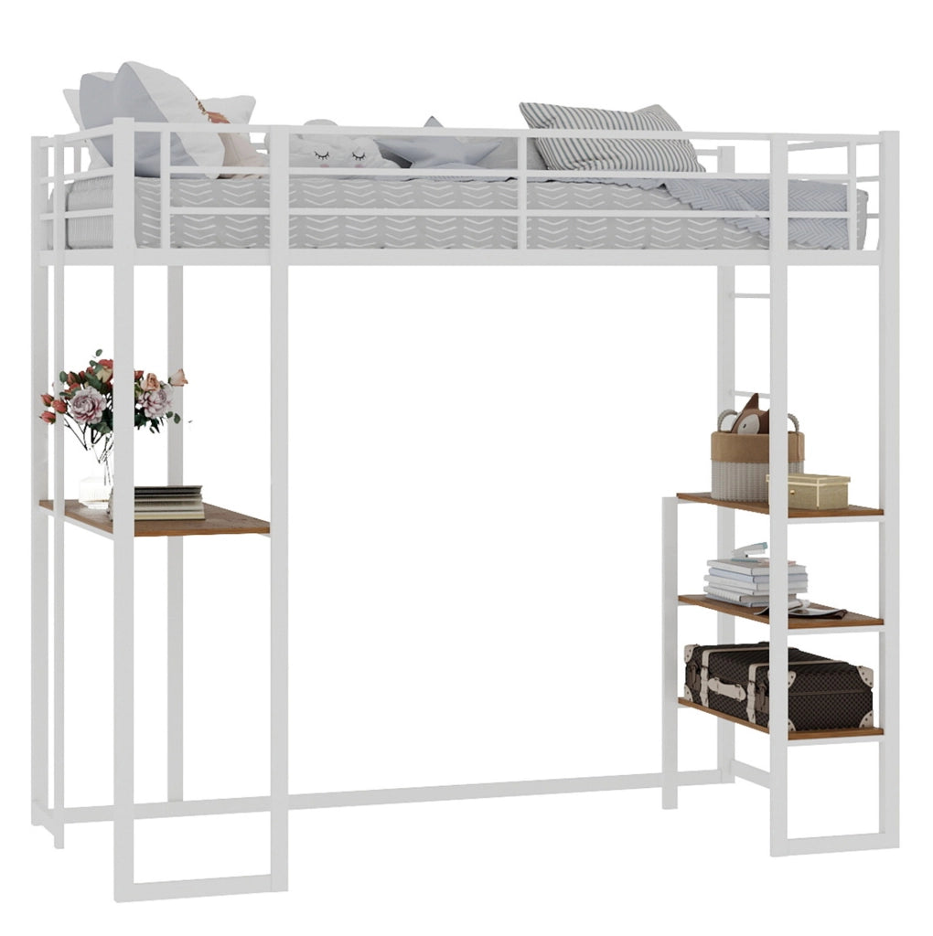 Letto a soppalco con scrivania; scale su entrambi i lati in ferro bianco